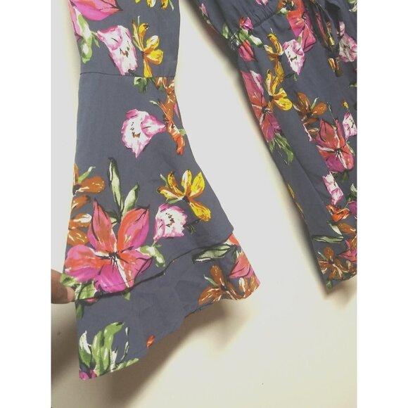 Hint of Blush Boho Floral Dress short Blue Pink long sleeves bell elastic waist - Picture 6 of 10